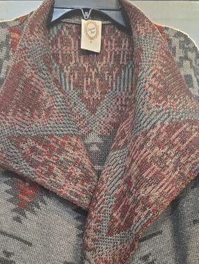 Shawl-Collar Knit Cardigan in Gray with Rust Accents by